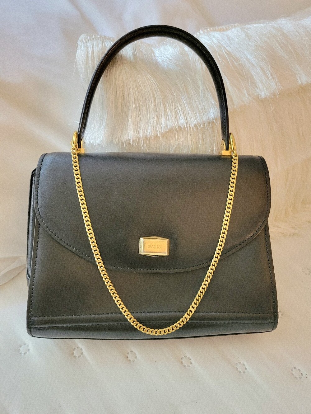 VNTG Bally Black Leather Top Handle Flap Bag Added Gold Chain - Minor Scuffs